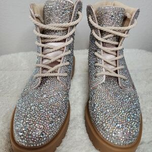 Betsey Johnson Silver Rhinestone Heeled Boots Size 6.5
